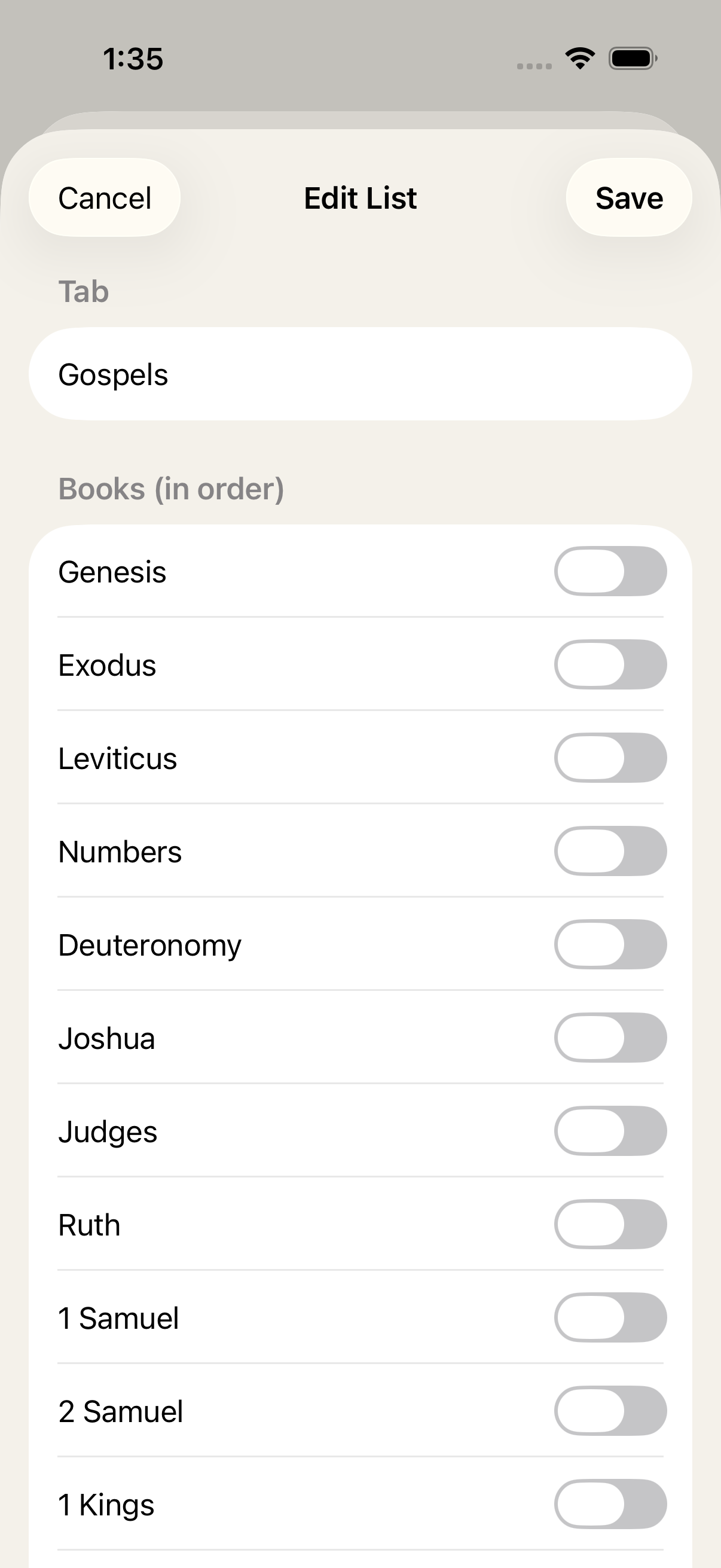Configure books in each list