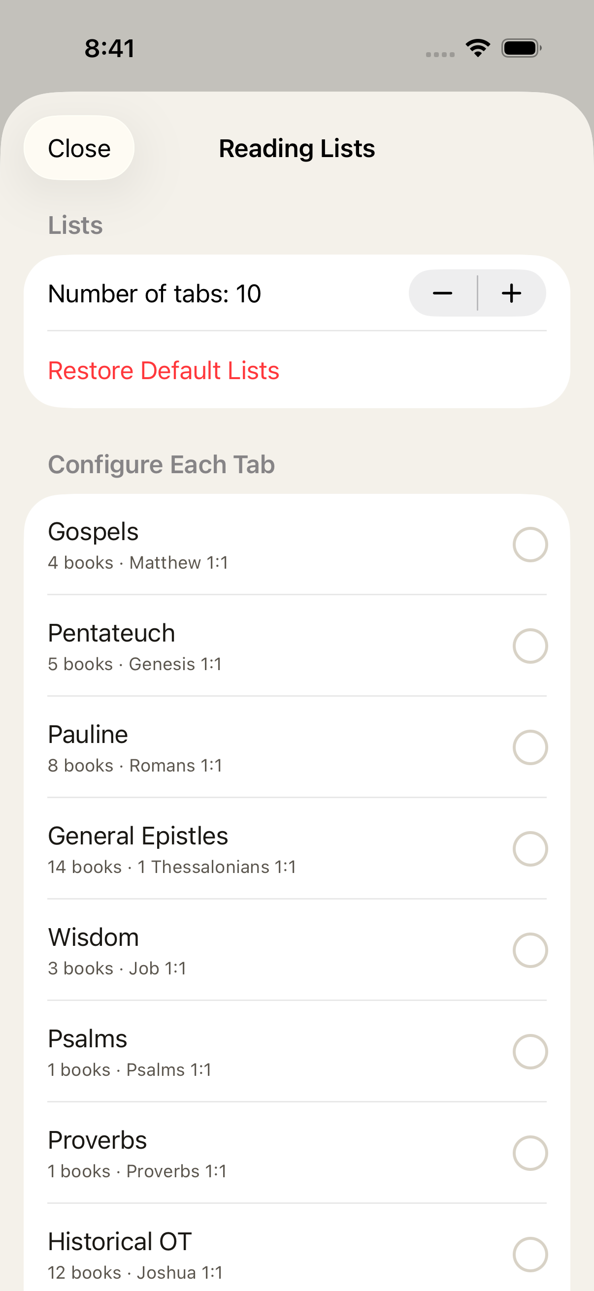 Ten configurable reading lists