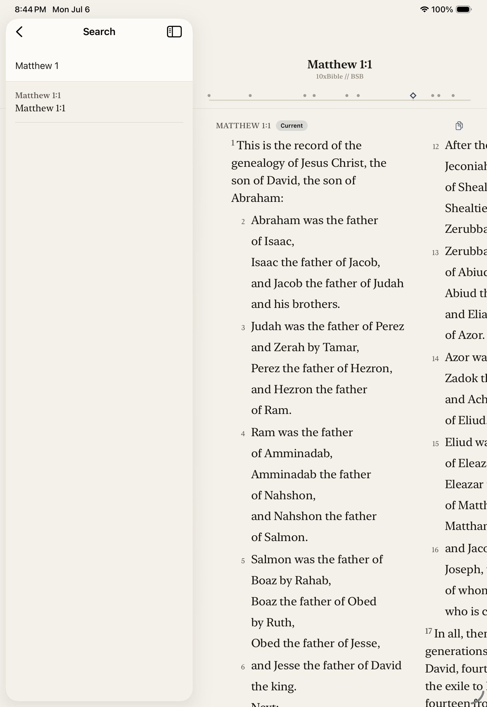 iPad two-column reader with sidebar and canon scale