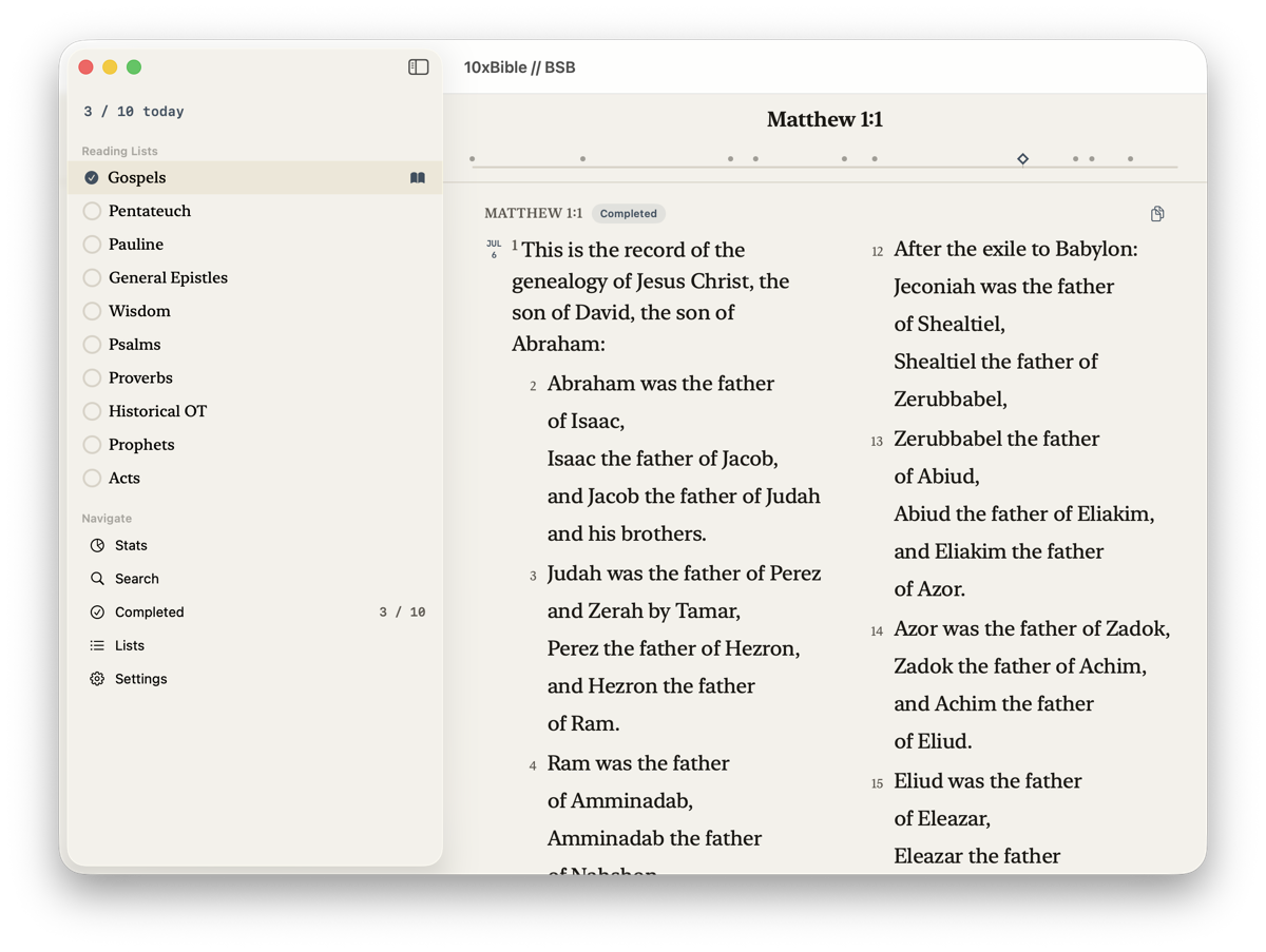 Mac reader with sidebar navigation, reading lists, and two-column Matthew 1