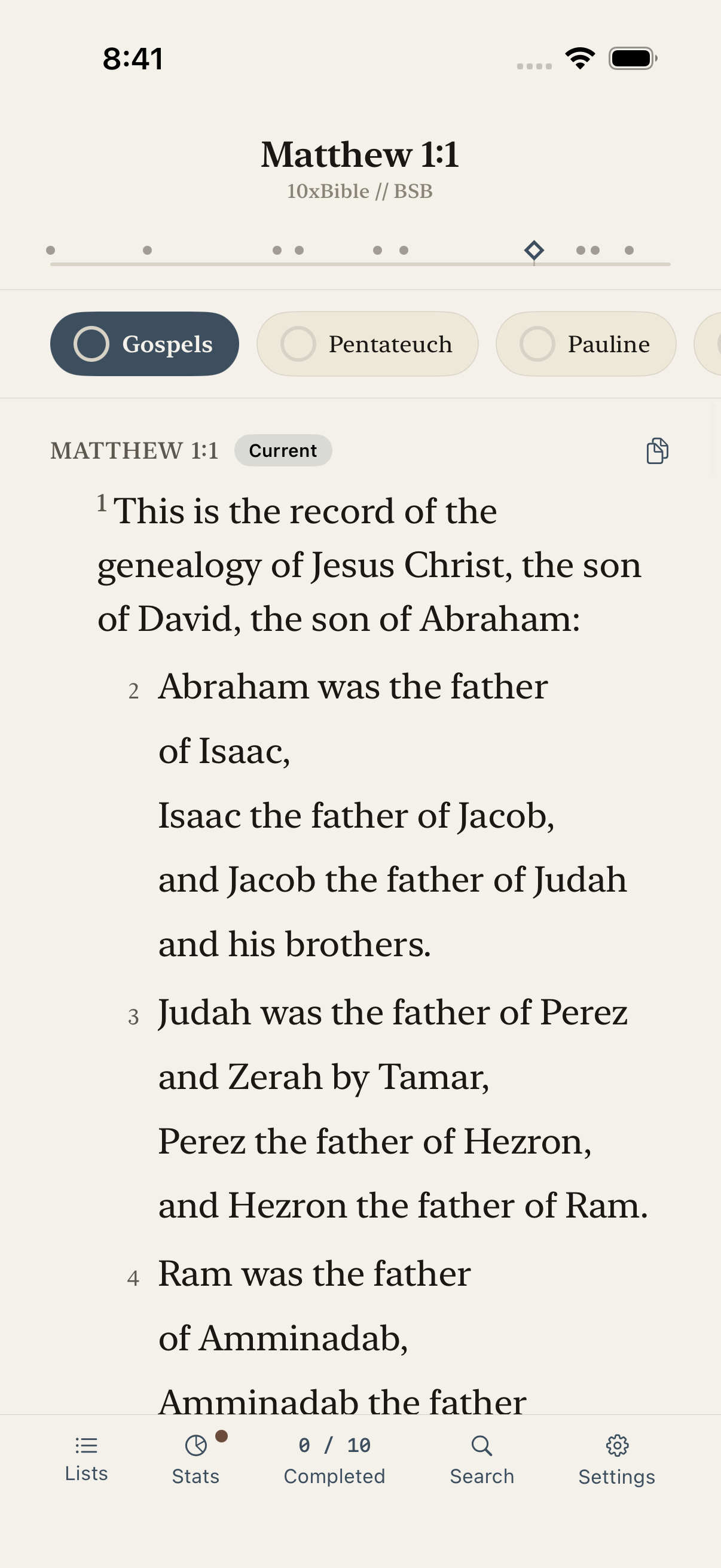 10xBible reader with canon location scale showing parallel list positions across the Bible